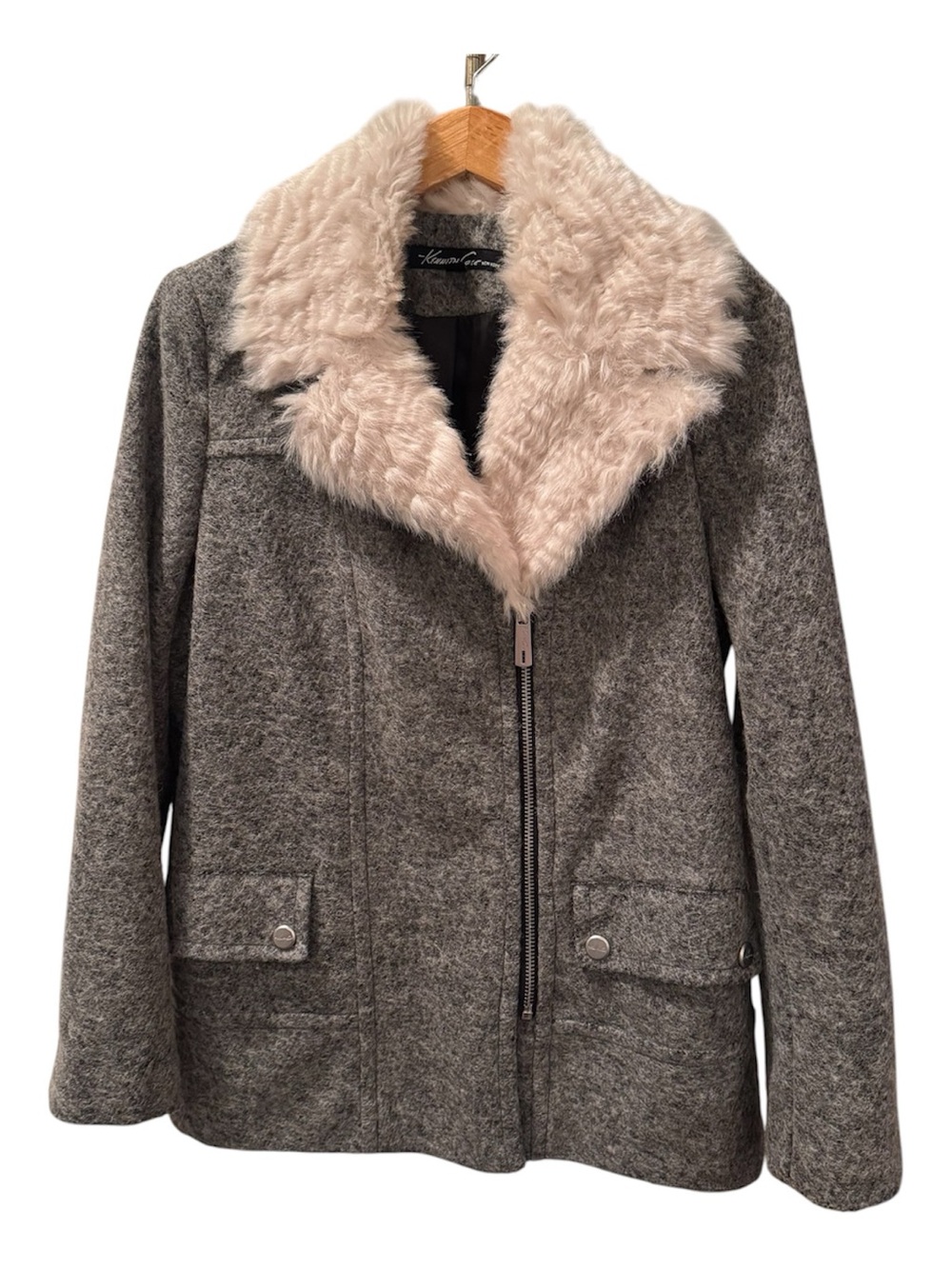 Kenneth Cole New York Grey Wool-Blend Moto Coat with Faux Fur Collar - Size M